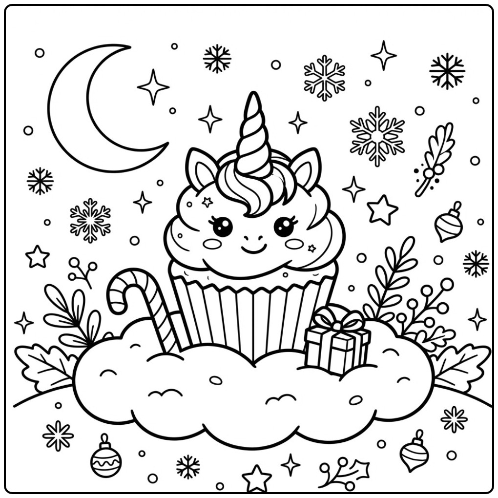 Magical Christmas Unicorn Cupcake for Children coloring page