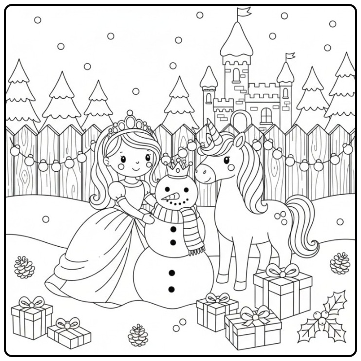 Magical Christmas Princess Unicorn a Castle coloring page