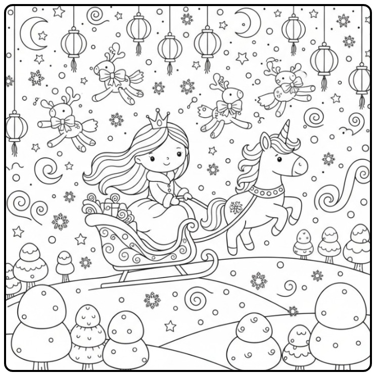 Magical Christmas Princess Unicorn coloring page