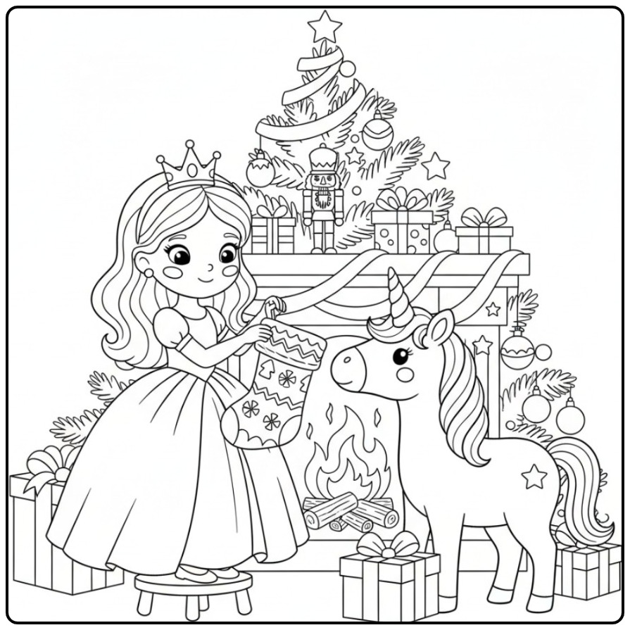 Magical Christmas Princess Unicorn coloring page