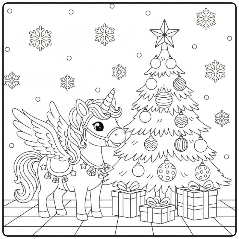 Magical Kerstcoloring Page Unicorn with Wings and Gifts coloring page
