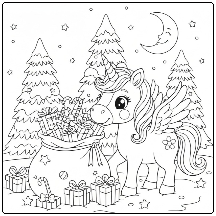 Magical Kerstcoloring Page Unicorn with Wings in the Snow coloring page