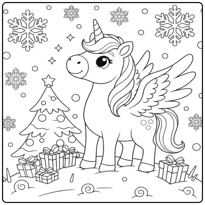 Magical Kerstcoloring Page Unicorn with Wings coloring page