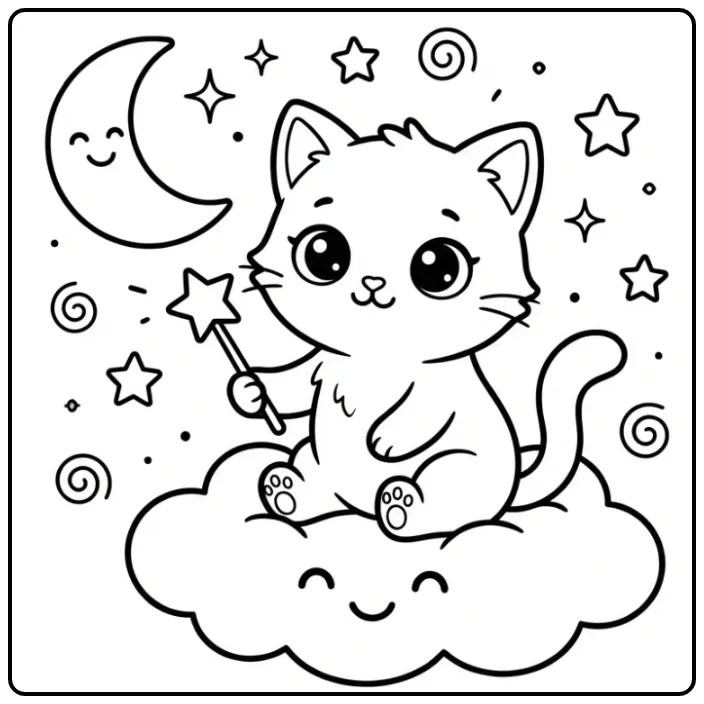 Magical Easy Kitten with Moon and Little Stars coloring page