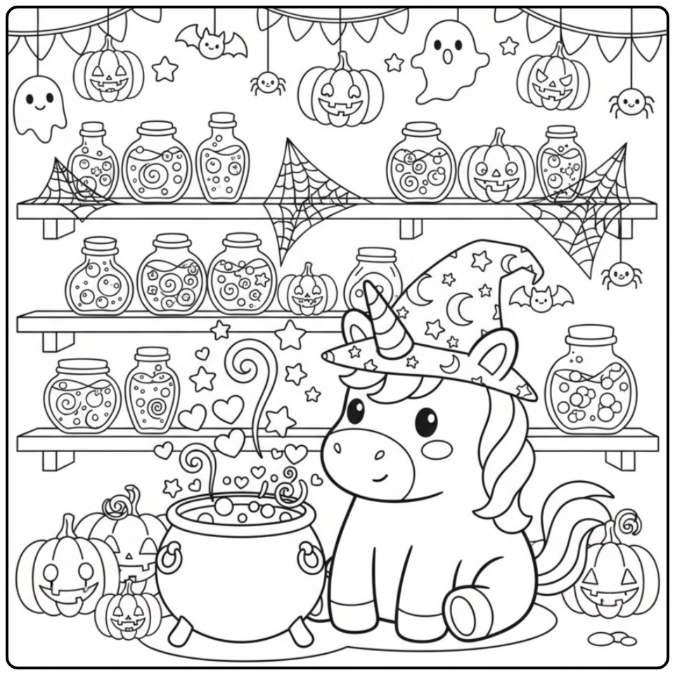 Magical Baby Unicorn Halloween with Pumpkins coloring page