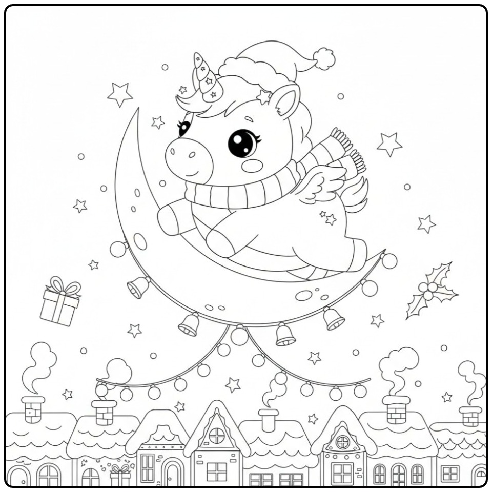 Magical Baby Unicorn Christmas on the Kerstmaan coloring page