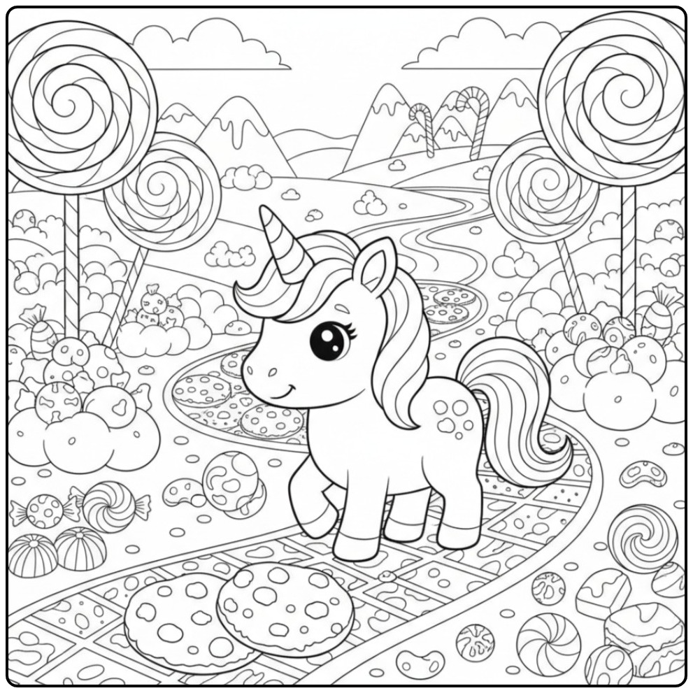 Magical Baby Unicorn with Candies and Lollipops coloring page