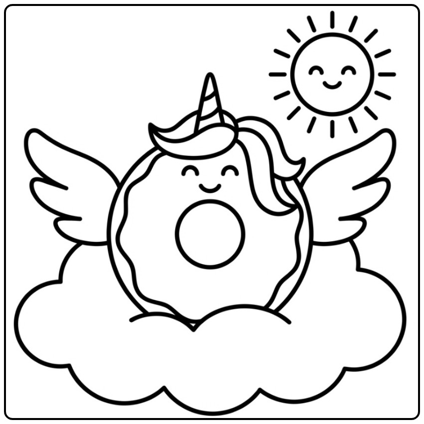 Magical Donut Unicorn in the Sky Flying coloring page