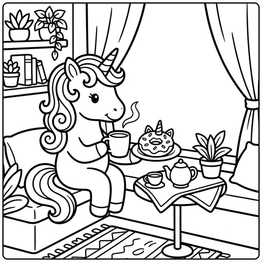 Magical Donut Unicorn Enjoying a Tea Party coloring page