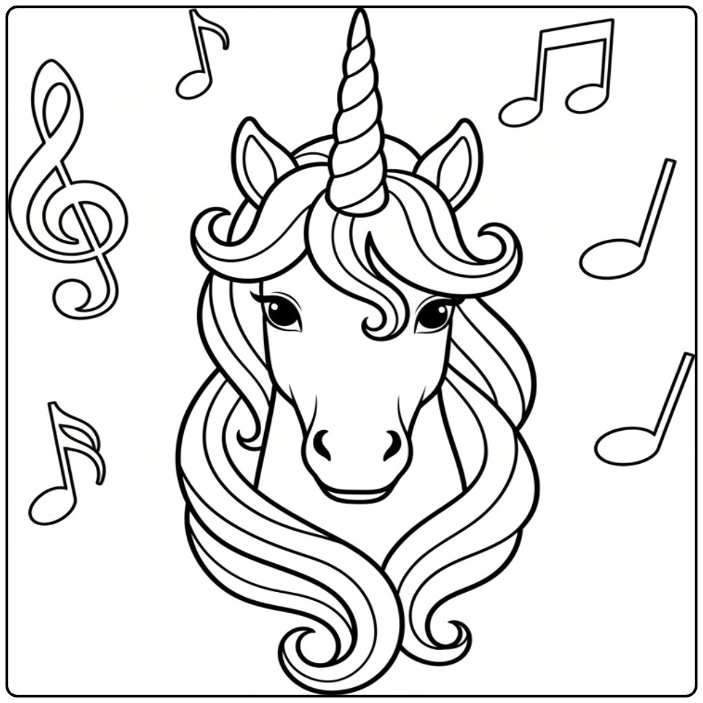 Magical Unicorn Head and Cheerful Music Notes coloring page