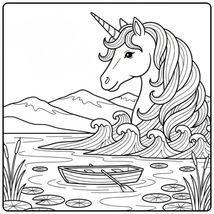 Magical Unicorn Head in a Mountain Lake coloring page
