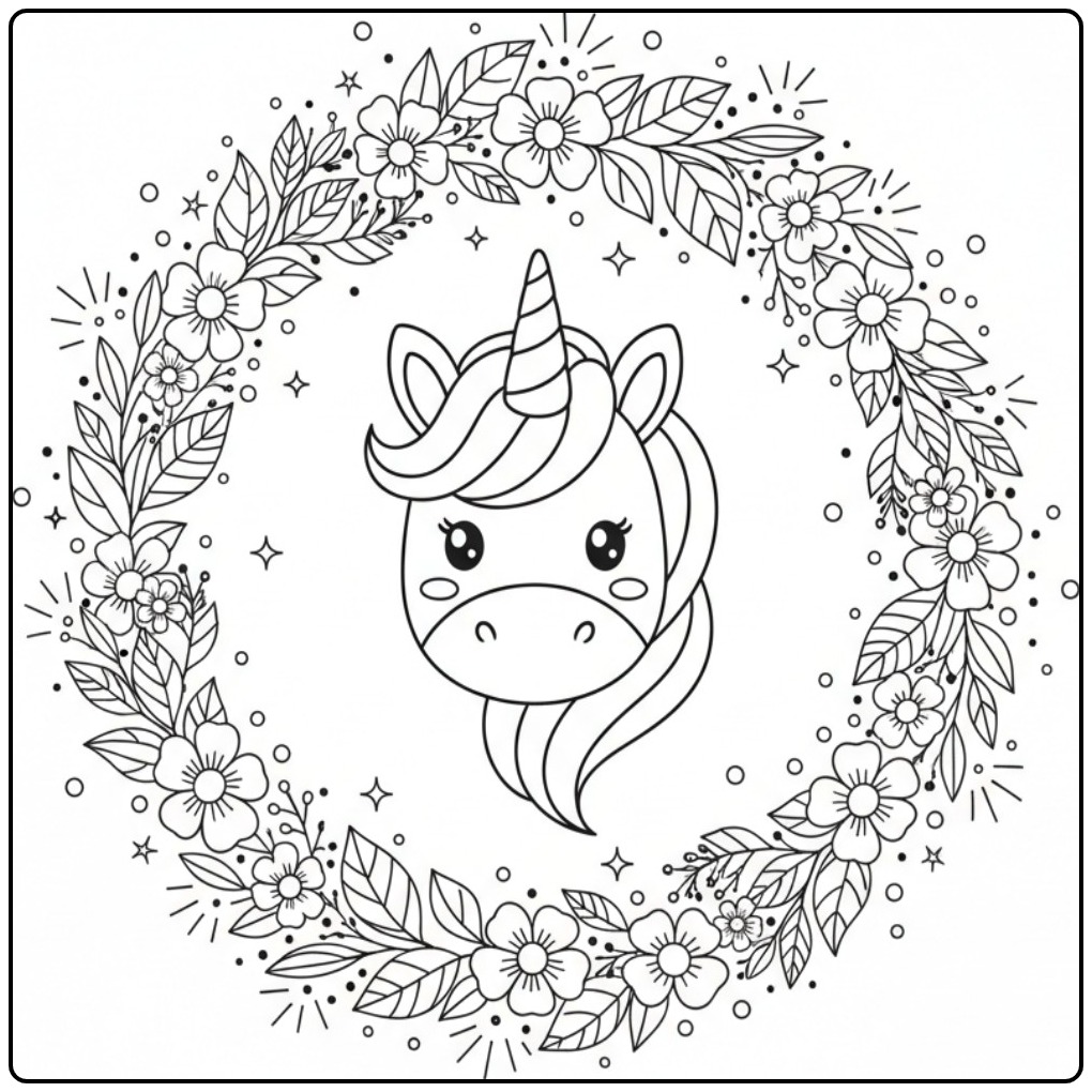 Magical Unicorn Head with Flower Crown coloring page