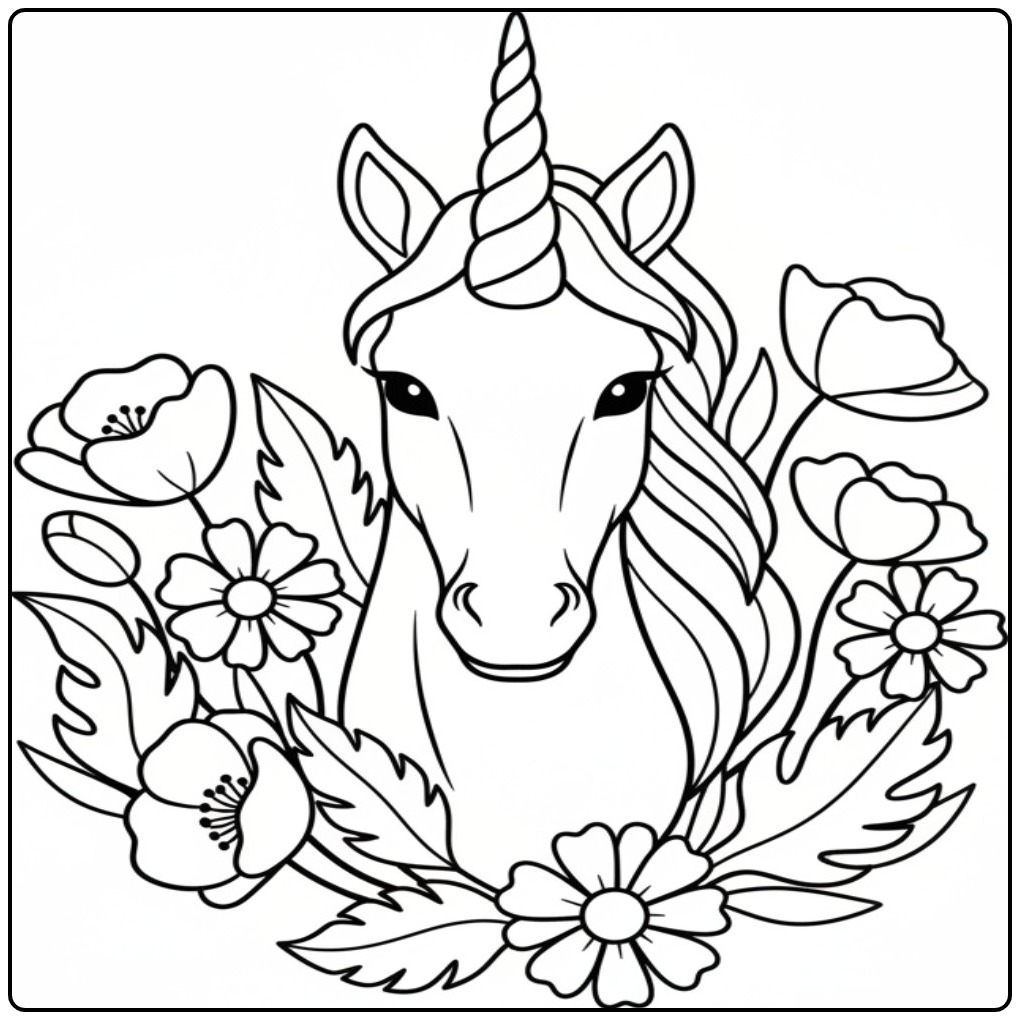 Magical Unicorn Head with a Flower Crown coloring page