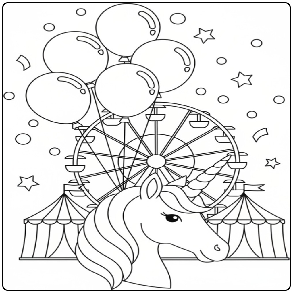 Magical Unicorn Head with a Large Ferris Wheel coloring page