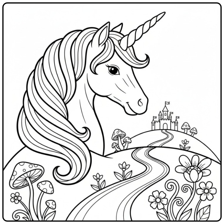 Magical Unicorn Head with a Castle in the Distance coloring page