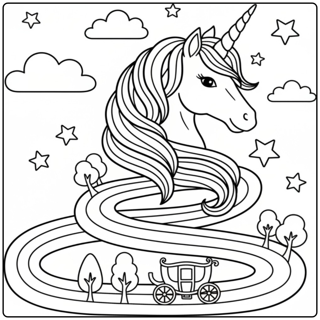 Magical Unicorn Head with Long Wavy Moons coloring page