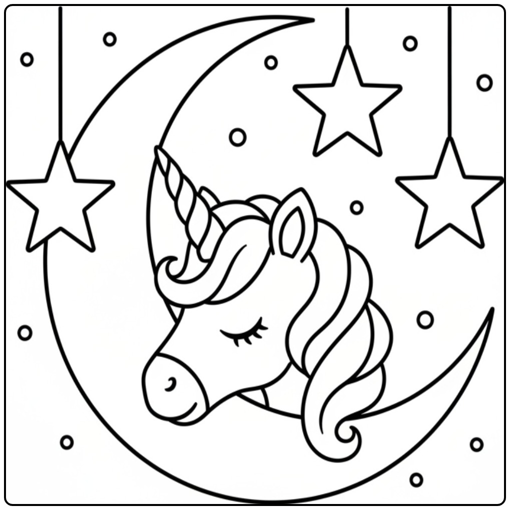 Magical Unicorn Head Sleeping on the Half Moon coloring page