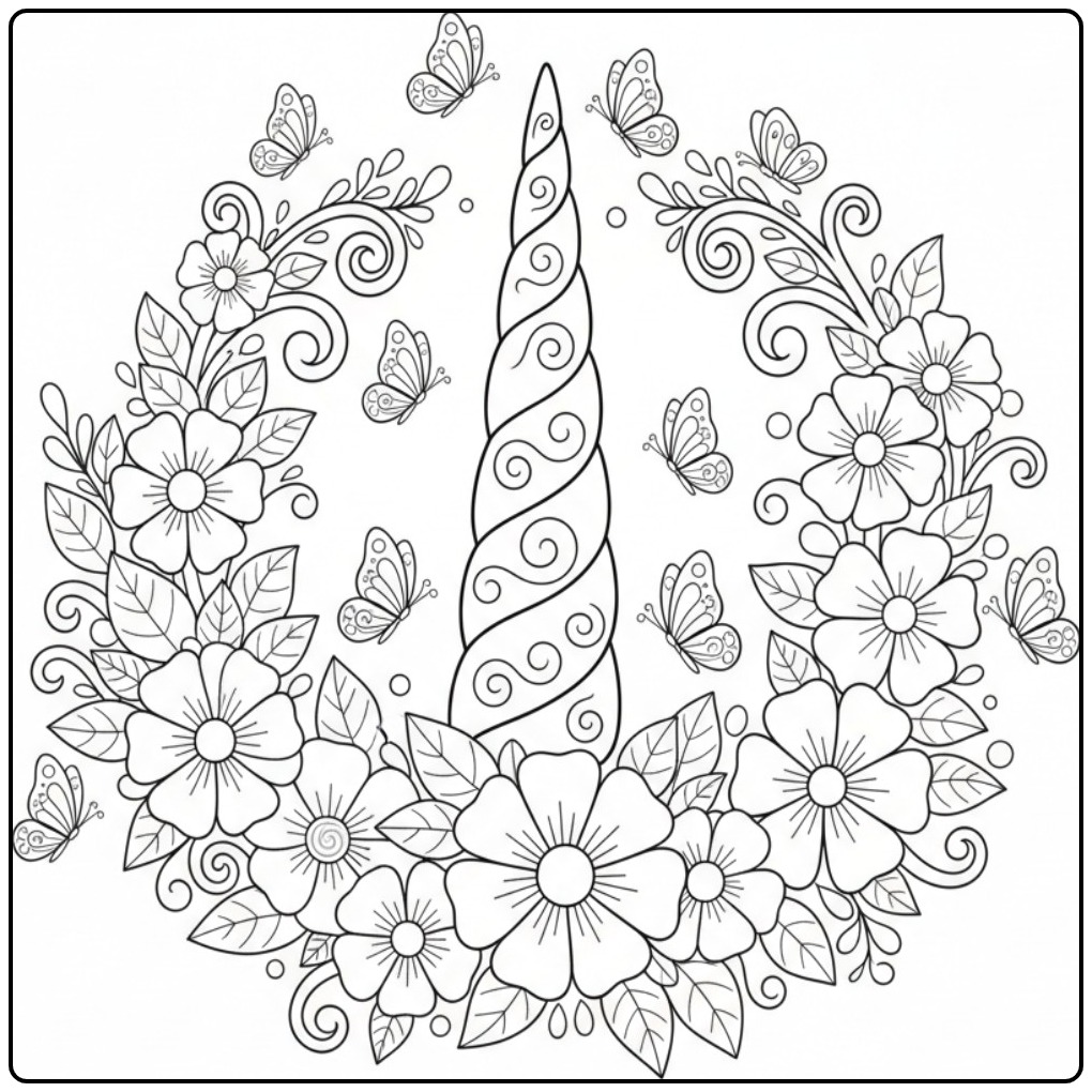 Magical Unicorn Horn Flowers and Butterflies coloring page