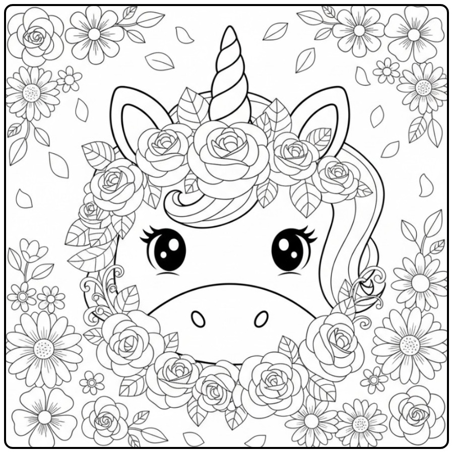 Magical Unicorn Horn and in a Sea of Flowers coloring page