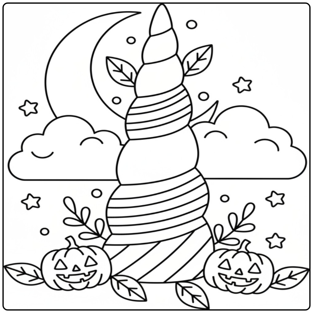 Magical Unicorn Horn Halloween in the Night coloring page