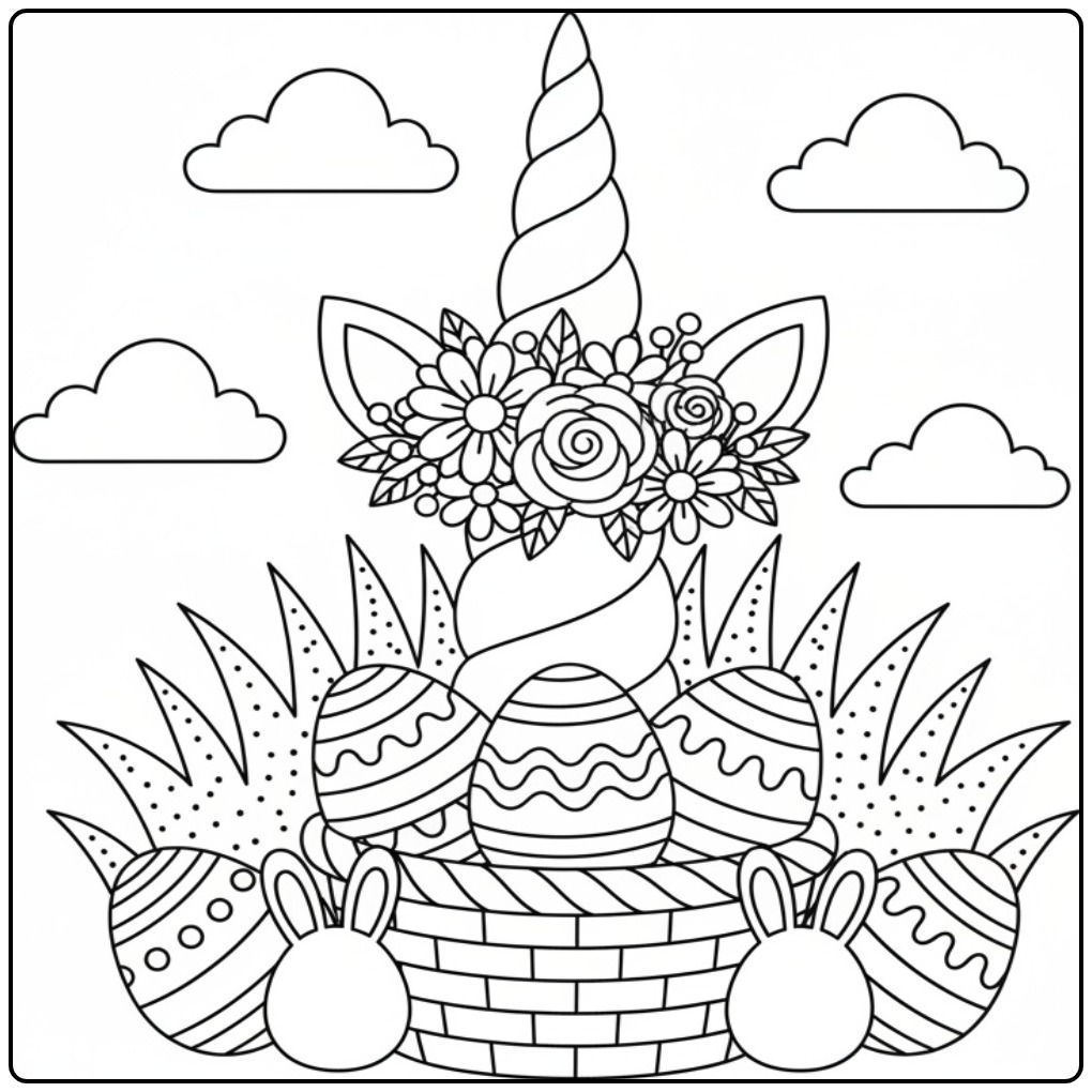 Magical Unicorn Horn with a Easter Basket coloring page
