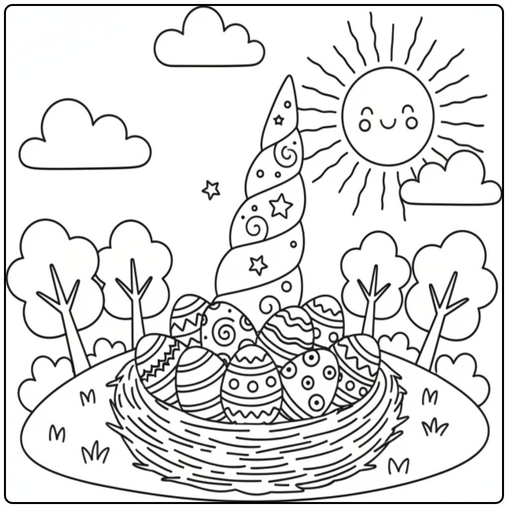 Magical Unicorn Horn Easter with Smiling Sun coloring page