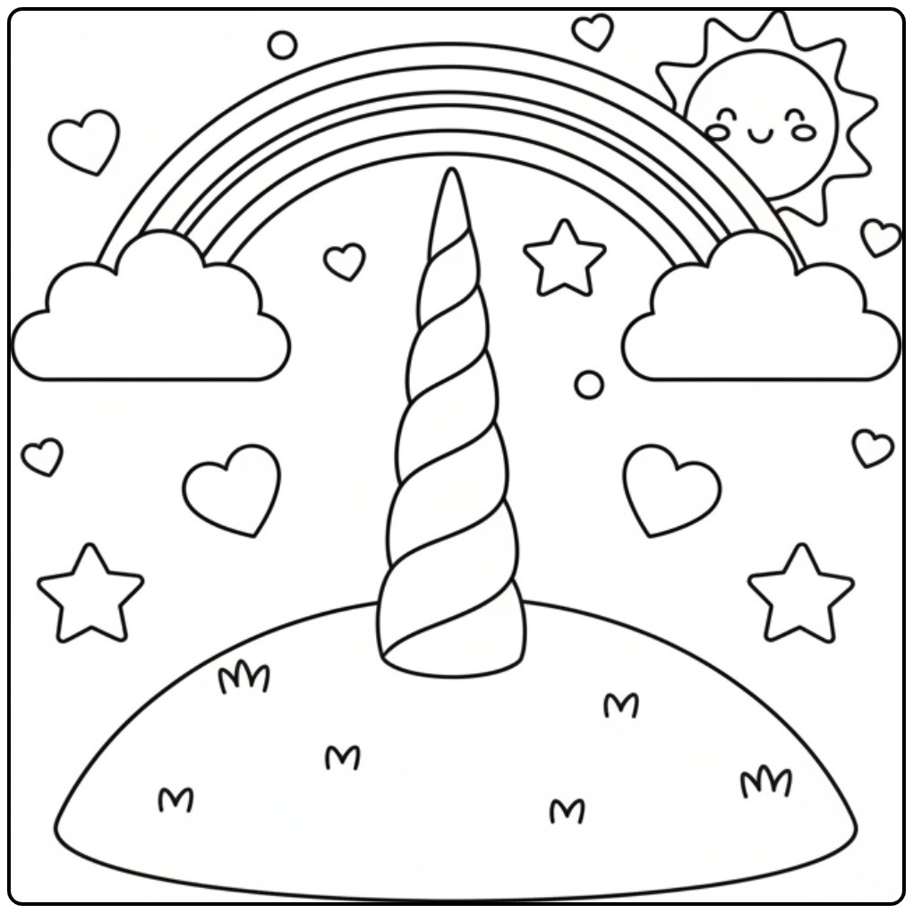 Magical Unicorn Horn Rainbow and Hearts coloring page