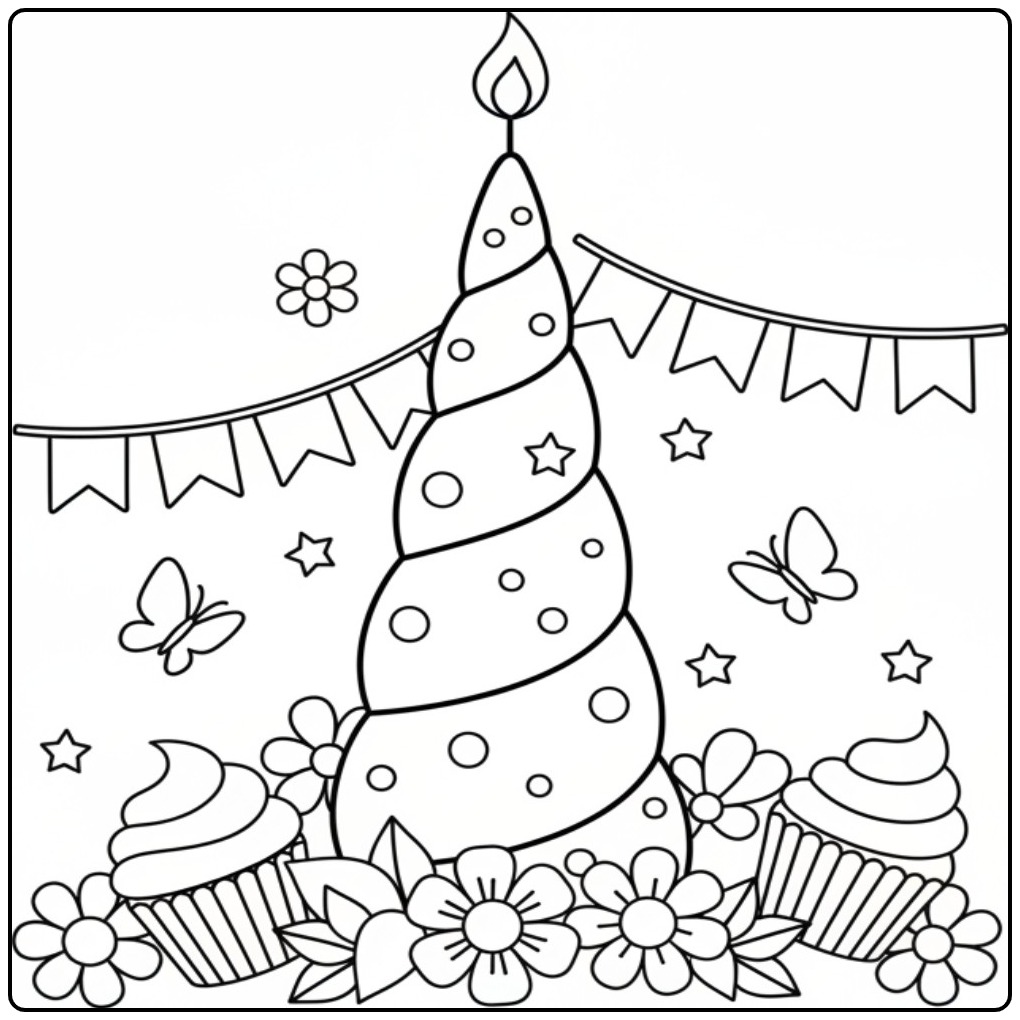 Magical Unicorn Horn Birthday with Streamers coloring page