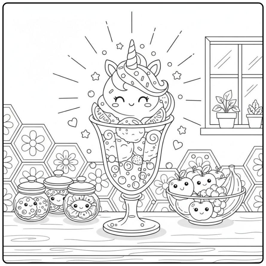 Magical Unicorn Sundae in a Glass Cup coloring page