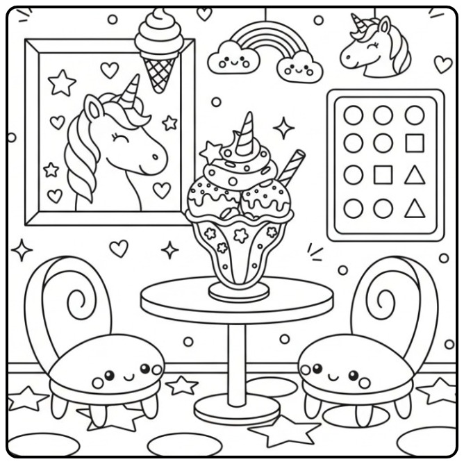 Magical Unicorn Ice Cream Parlor Full of Sweetness and Vrolijkheid coloring page
