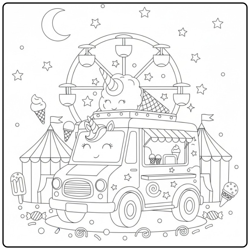 Magical Unicorn Cream Truck Ice and Fairground Fun Waiting coloring page