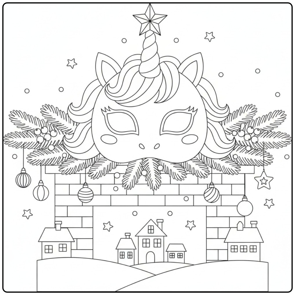 Magical Unicorn Christmas Mask Above Decorated Fireplace coloring page