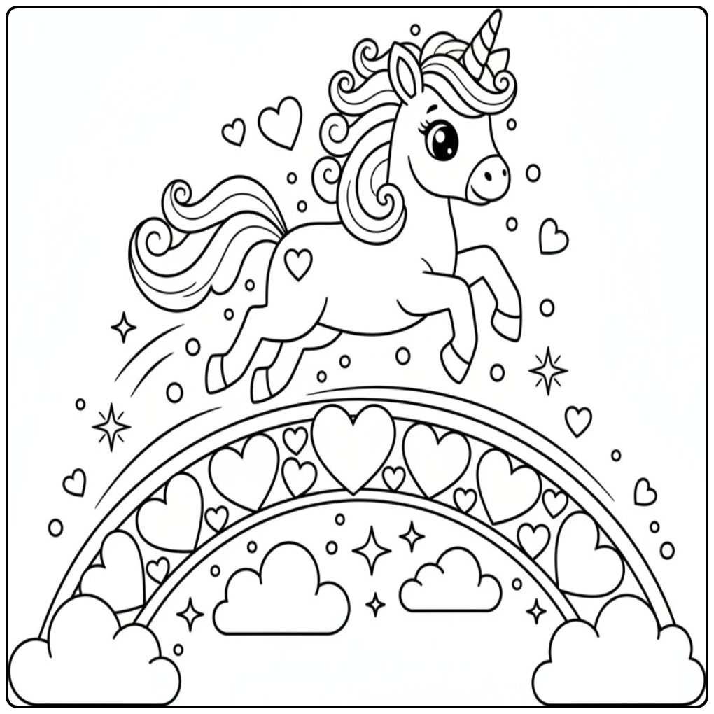 Magical Unicorn with Hearts and Rainbow Full of Joy coloring page