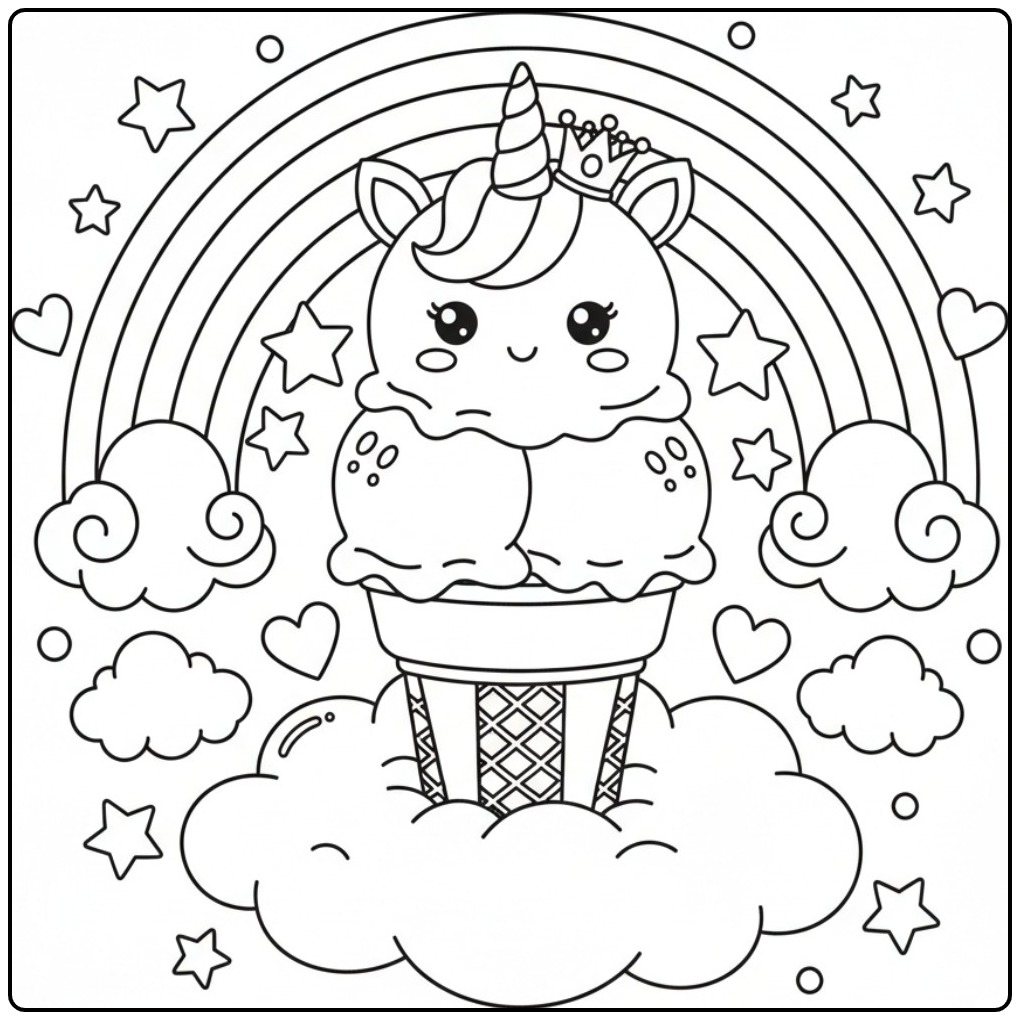 Magical Unicorn with Ice Cream and Rainbow for Children coloring page