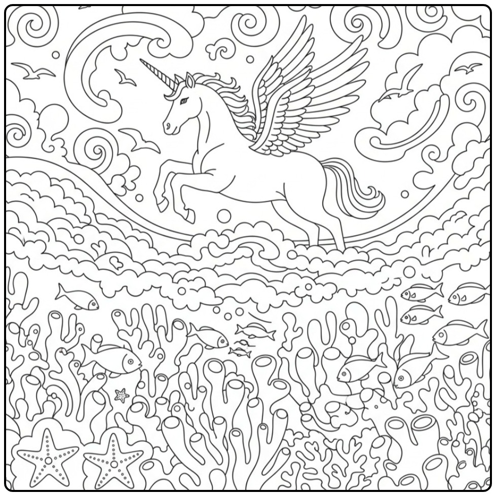 Magical Unicorn with Wings and a Coral Reef coloring page