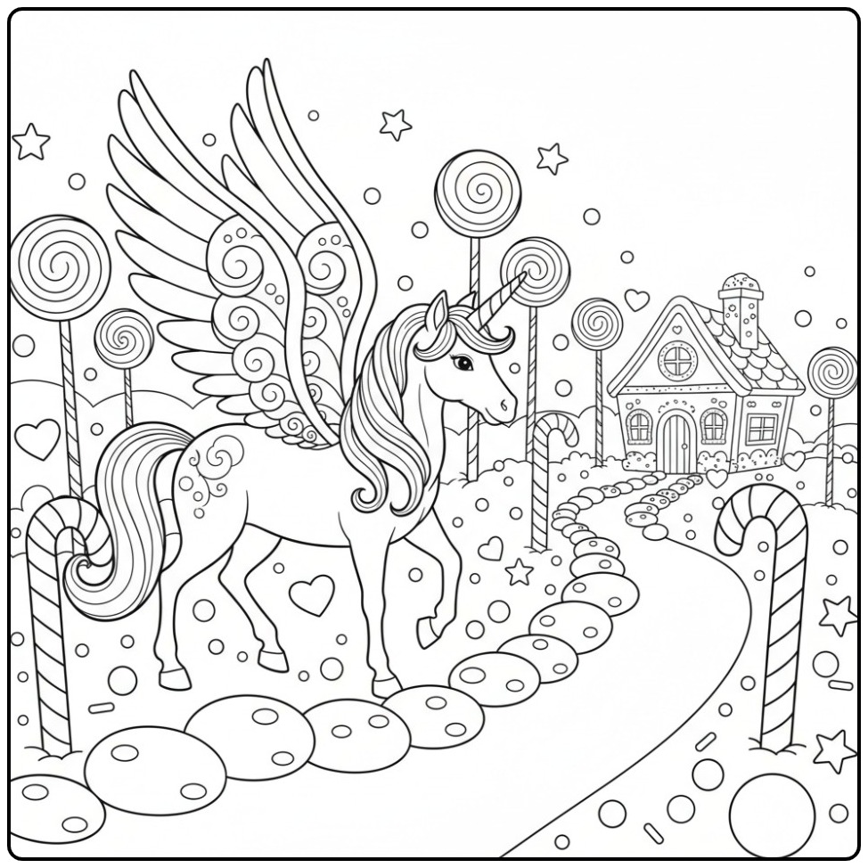 Magical Unicorn with Wings and a Snoephuisje coloring page