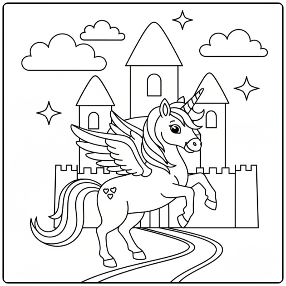 Magical Unicorn with Wings and a Sprookjeskasteel coloring page