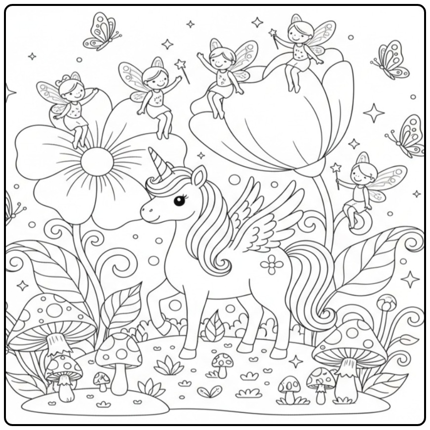 Magical Unicorn with Wings and Feenvriendjes coloring page