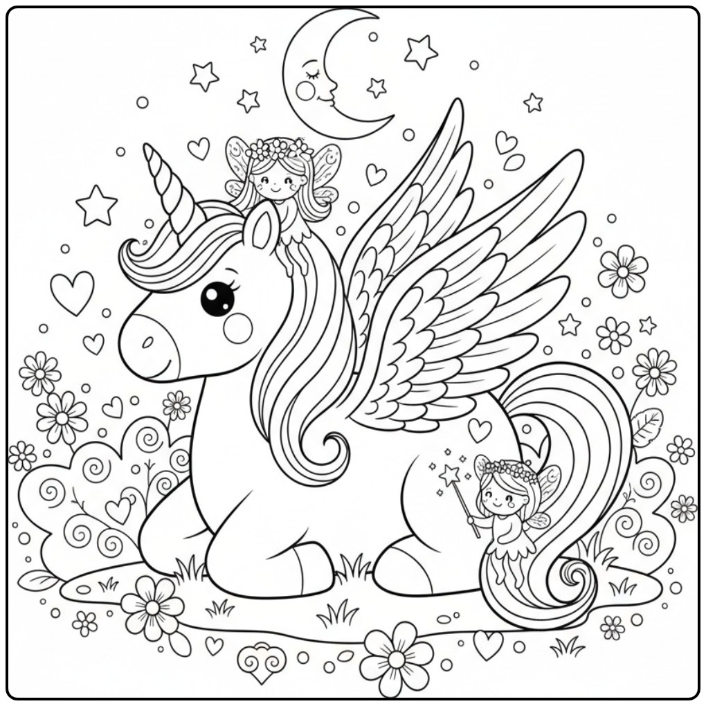 Magical Unicorn with Wings and Feenvriendjes coloring page