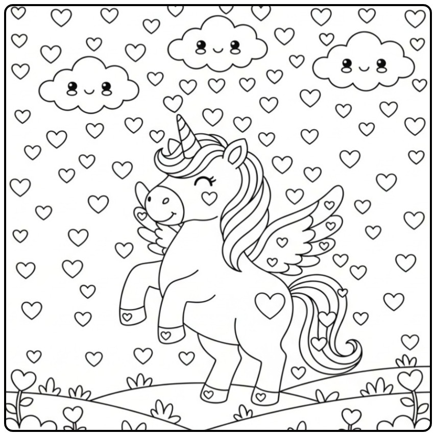 Magical Unicorn with Wings and Hearts 1 coloring page
