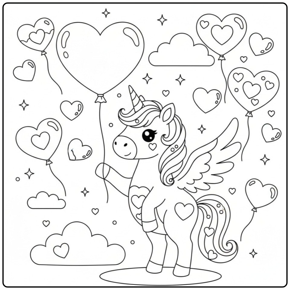 Magical Unicorn with Wings and Hearts in the Sky coloring page