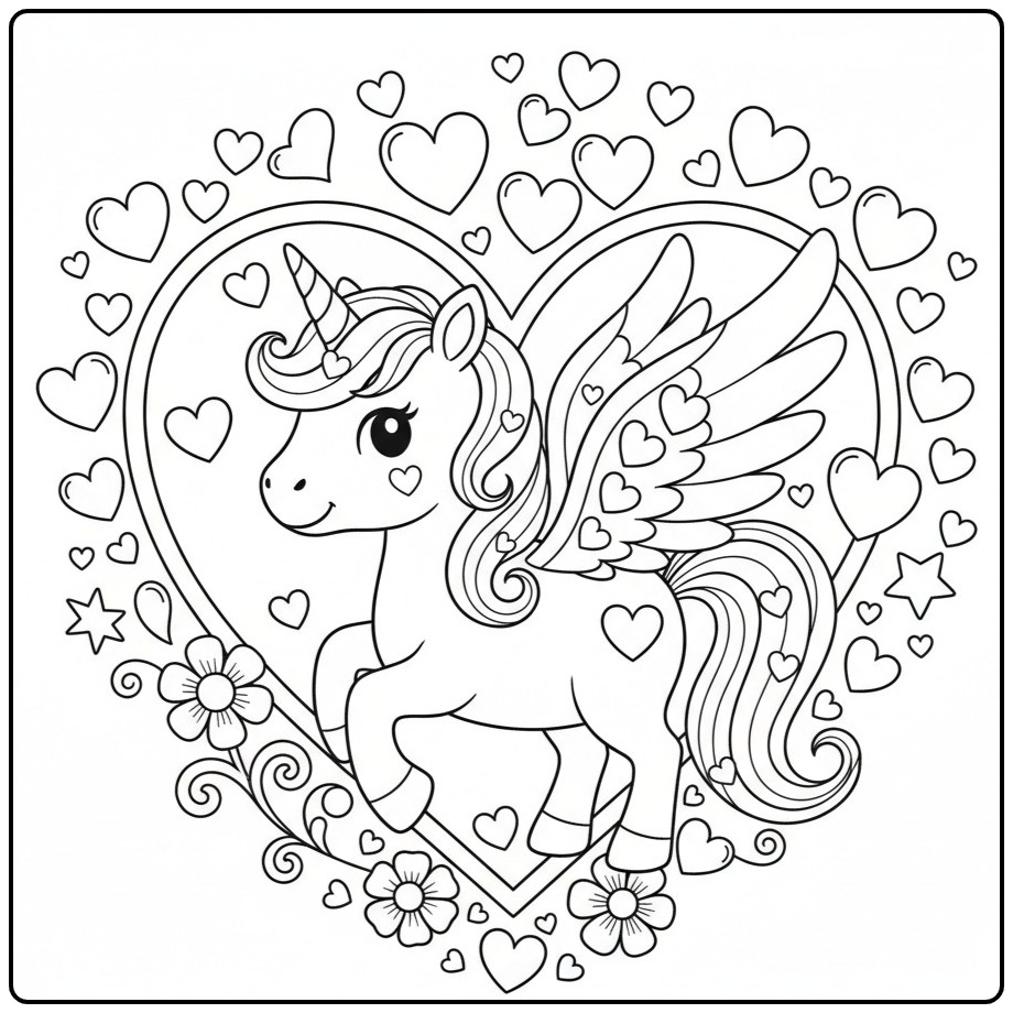 Magical Unicorn with Wings and Hearts coloring page