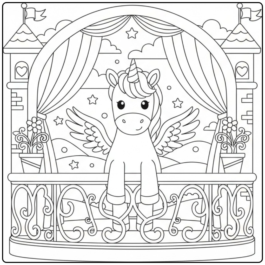 Magical Unicorn with Wings and Castle Scene coloring page