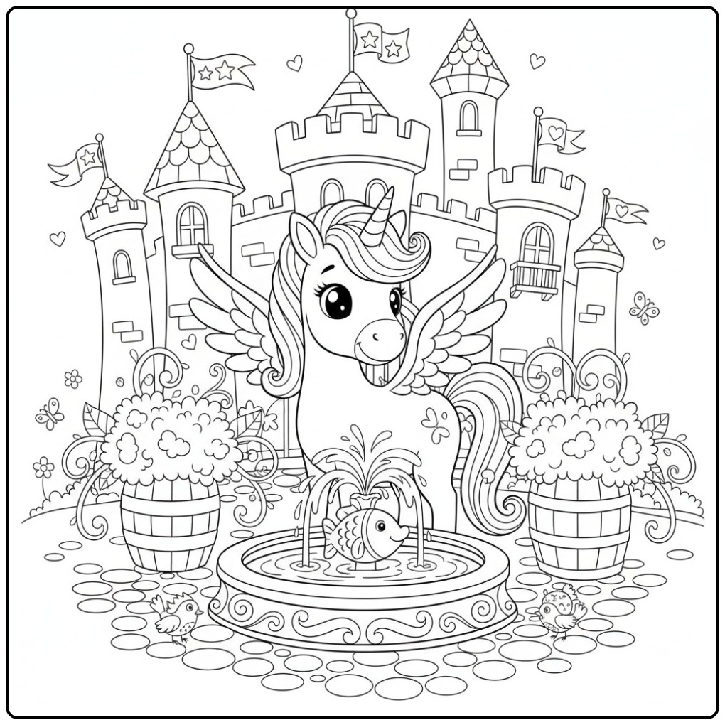 Magical Unicorn with Wings and Castle coloring page