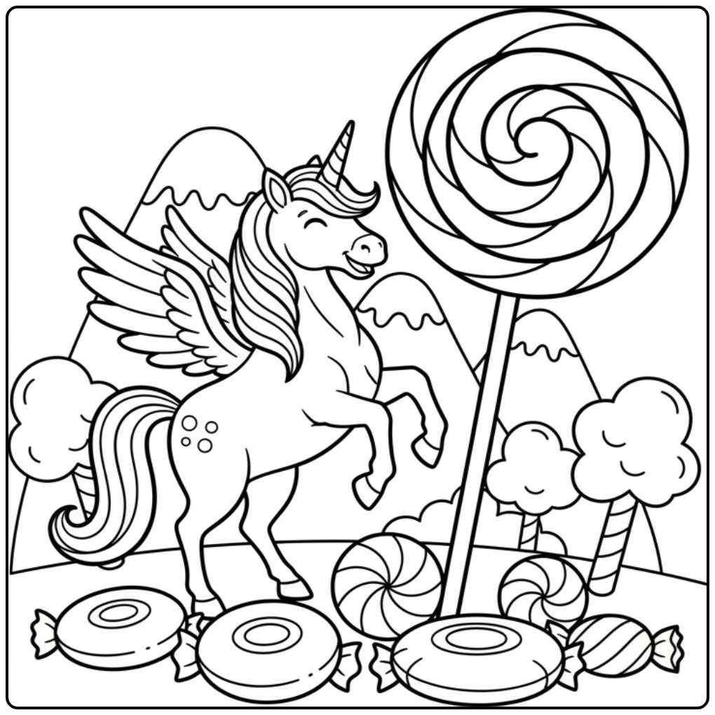 Magical Unicorn with Wings and Lollipops coloring page