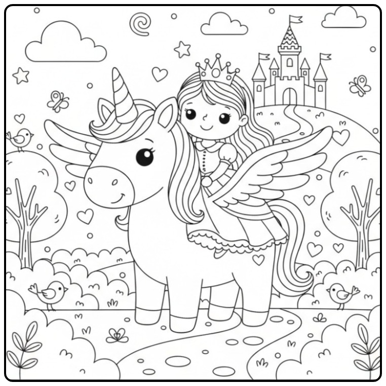 Magical Unicorn with Wings and Princess coloring page