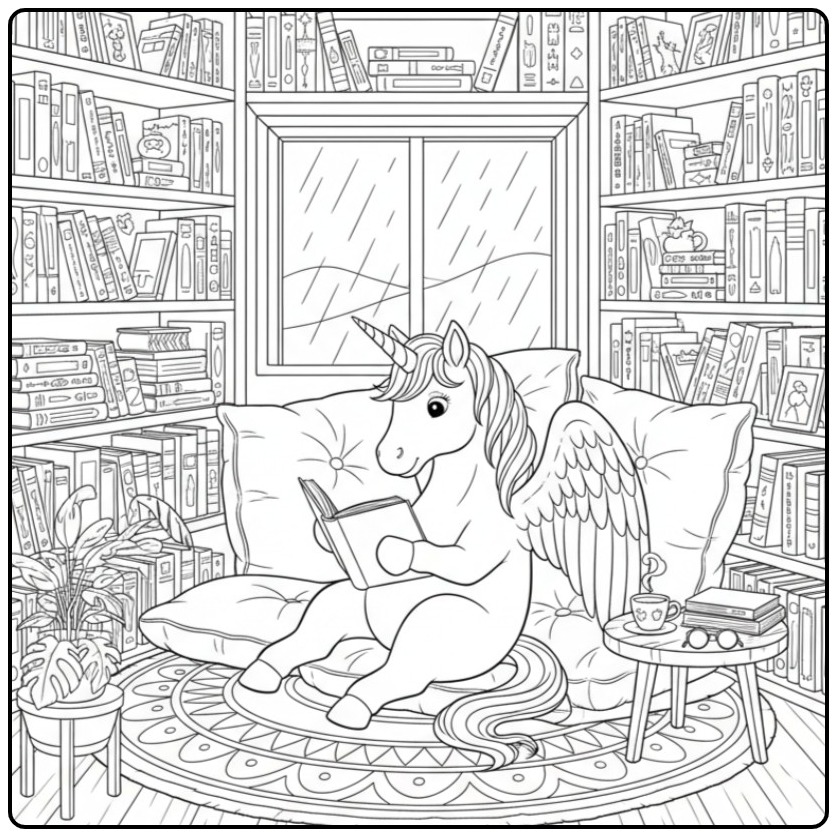 Magical Unicorn with Wings in a Library coloring page