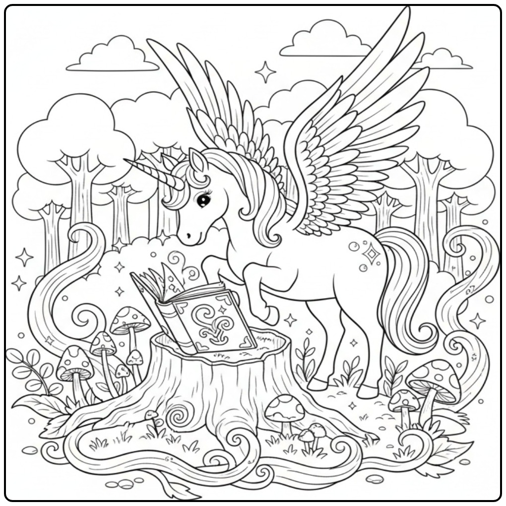 Magical Unicorn with Wings in a Fairy-tale Forest coloring page