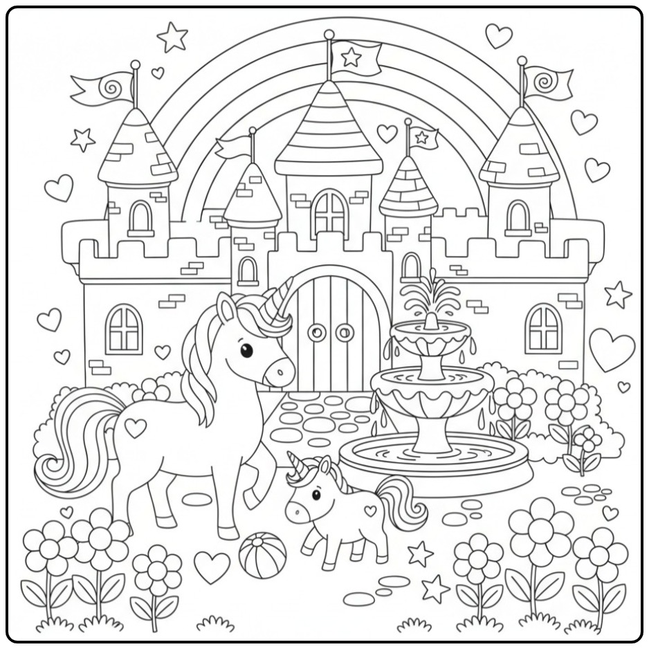 Magical Unicorn Rainbow Castle and Flowers coloring page