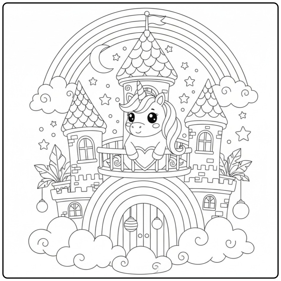 Magical Unicorn Rainbow Castle with Stars coloring page